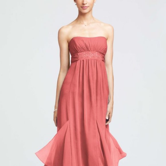David's Bridal Strapless Beaded Bridesmaid Dress Style F14865 Size 4 Coral Reef - Picture 2 of 9